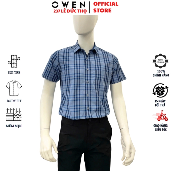 Áo sơ mi nam tay ngắn Owen AB263004NT màu xanh tím than kẻ caro dáng suông body fit tà bằng có túi chất liệu Bamboo polyester