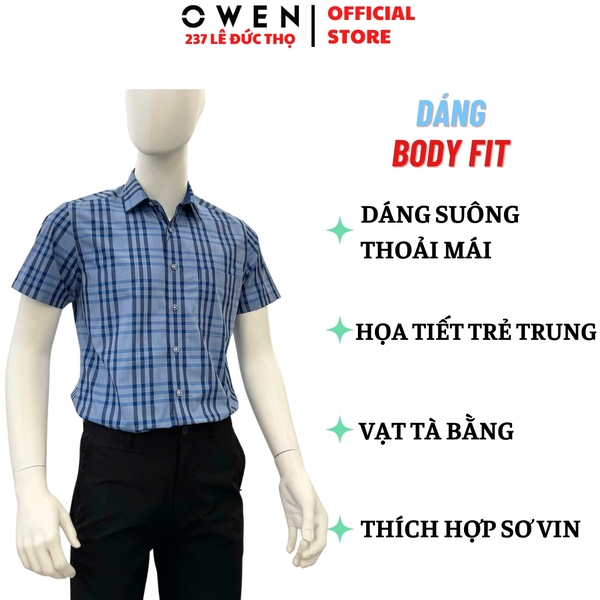 Áo sơ mi nam tay ngắn Owen AB263004NT màu xanh tím than kẻ caro dáng suông body fit tà bằng có túi chất liệu Bamboo polyester