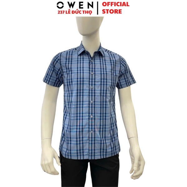 Áo sơ mi nam tay ngắn Owen AB263004NT màu xanh tím than kẻ caro dáng suông body fit tà bằng có túi chất liệu Bamboo polyester