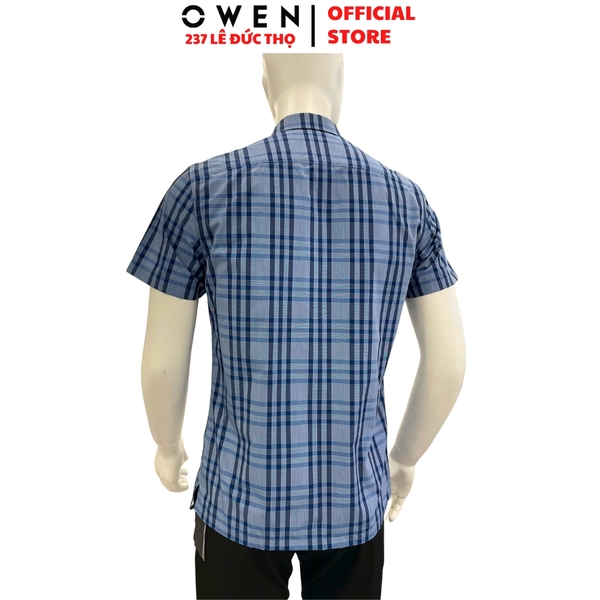 Áo sơ mi nam tay ngắn Owen AB263004NT màu xanh tím than kẻ caro dáng suông body fit tà bằng có túi chất liệu Bamboo polyester