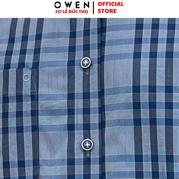 Áo sơ mi nam tay ngắn Owen AB263004NT màu xanh tím than kẻ caro dáng suông body fit tà bằng có túi chất liệu Bamboo polyester