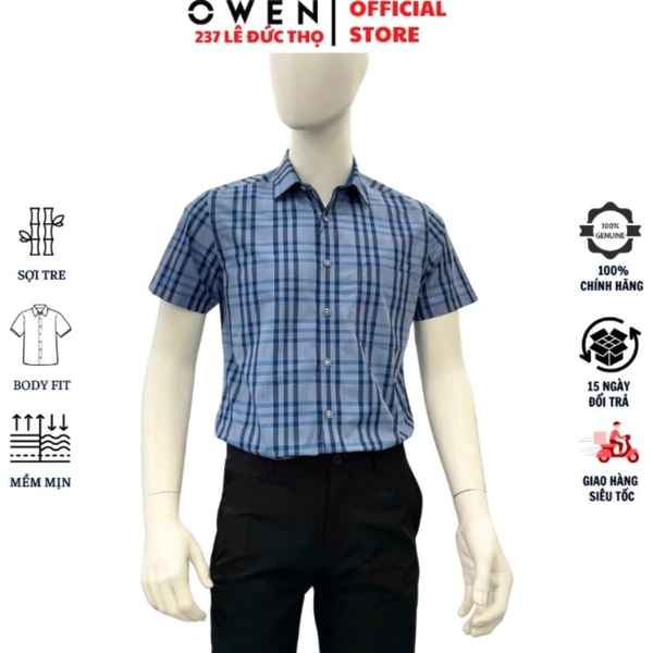 Áo Sơ Mi Nam Tay Ngắn Owen AB263004NT Xanh Tím Than Kẻ Caro Body Fit