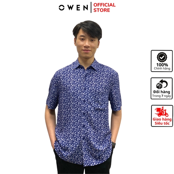 Áo Sơ Mi Nam Tay Ngắn Owen AE230073NT màu xanh navy dáng relaxfit tà bằng có túi vải viscose