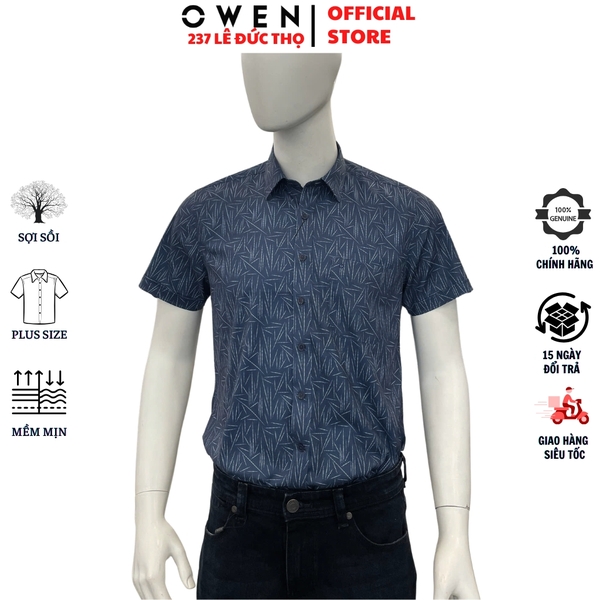 Áo sơ mi nam tay ngắn Owen AF255096NT màu xanh tím than họa tiết dáng Plus Size chất liệu modal polyester
