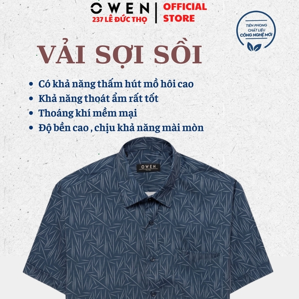 Áo sơ mi nam tay ngắn Owen AF255096NT màu xanh tím than họa tiết dáng Plus Size chất liệu modal polyester