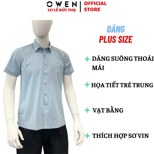 Áo sơ mi nam tay ngắn Owen AF260103NT màu xanh kẻ dáng suông rộng Plus size tà bằng có túi chất liệu Bamboo polyester