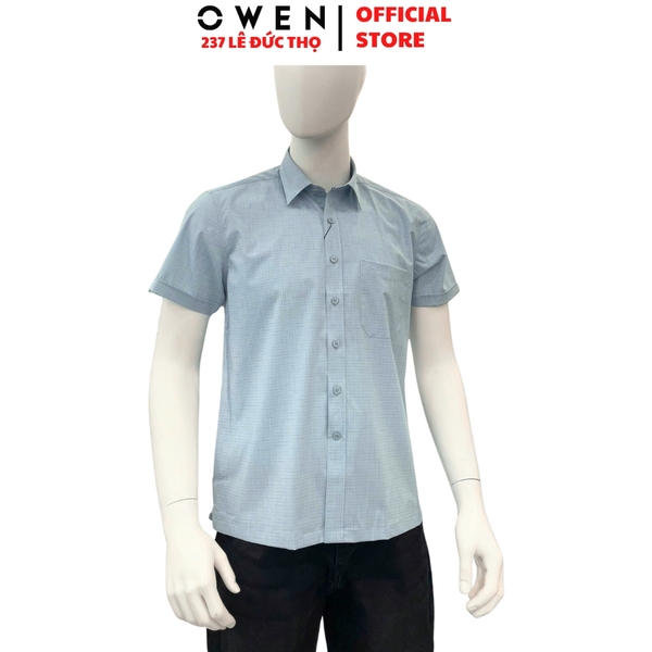Áo sơ mi nam tay ngắn Owen AF260103NT màu xanh kẻ dáng suông rộng Plus size tà bằng có túi chất liệu Bamboo polyester