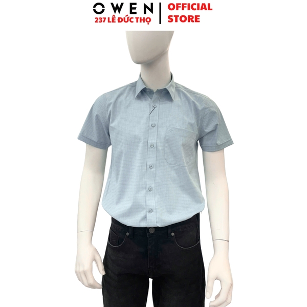 Áo sơ mi nam tay ngắn Owen AF260103NT màu xanh kẻ dáng suông rộng Plus size tà bằng có túi chất liệu Bamboo polyester