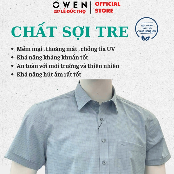 Áo sơ mi nam tay ngắn Owen AF260103NT màu xanh kẻ dáng suông rộng Plus size tà bằng có túi chất liệu Bamboo polyester
