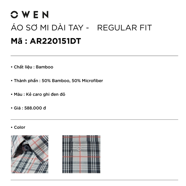 Áo Sơ Mi Nam Tay Dài Owen AR220151DT Màu Kẻ Caro Ghi Đen Đỏ Dáng Regular Fit Tà Lượn Có Túi Chất liệu Vải Sợi Tre