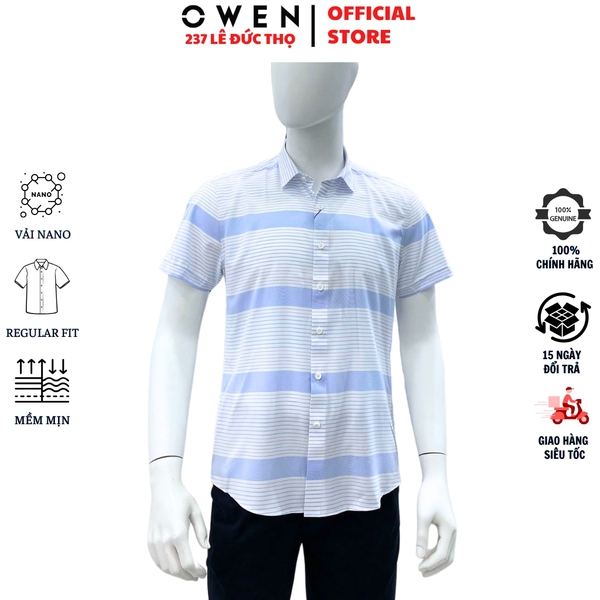 Áo sơ mi nam tay ngắn Owen AR240032N màu xanh nhạt kẻ ngang dáng suông regular fit tà lượn không túi chất liệu nano