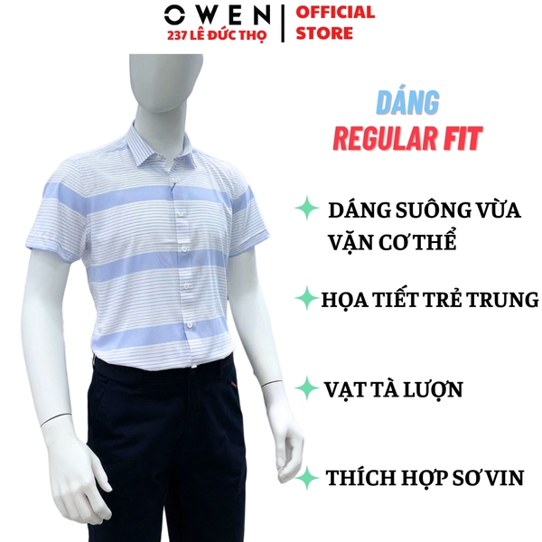 Áo sơ mi nam tay ngắn Owen AR240032N màu xanh nhạt kẻ ngang dáng suông regular fit tà lượn không túi chất liệu nano