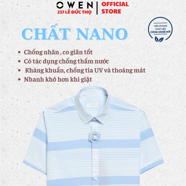 Áo sơ mi nam tay ngắn Owen AR240032N màu xanh nhạt kẻ ngang dáng suông regular fit tà lượn không túi chất liệu nano