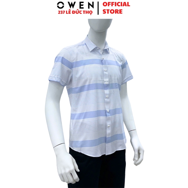 Áo sơ mi nam tay ngắn Owen AR240032N màu xanh nhạt kẻ ngang dáng suông regular fit tà lượn không túi chất liệu nano