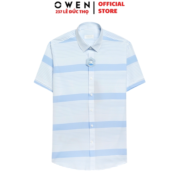 Áo sơ mi nam tay ngắn Owen AR240032N màu xanh nhạt kẻ ngang dáng suông regular fit tà lượn không túi chất liệu nano