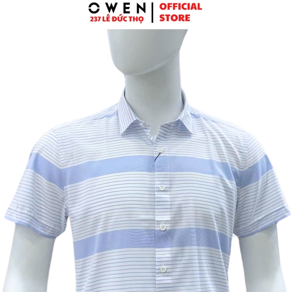 Áo sơ mi nam tay ngắn Owen AR240032N màu xanh nhạt kẻ ngang dáng suông regular fit tà lượn không túi chất liệu nano