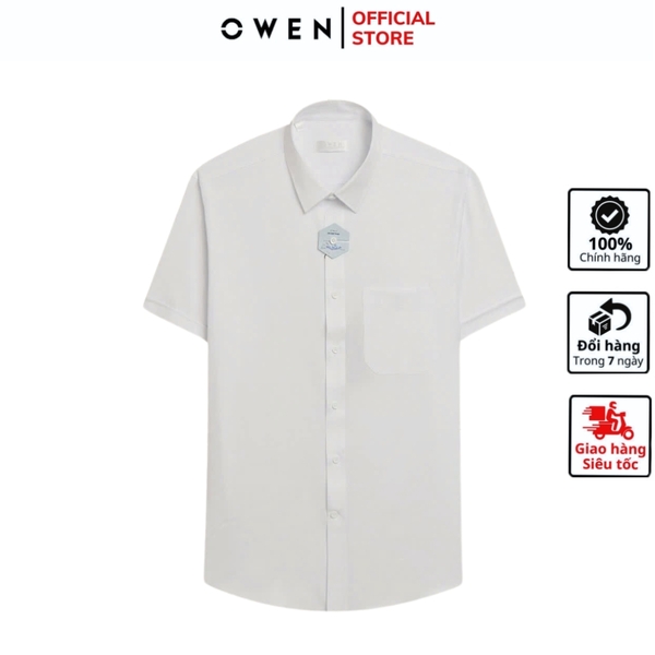 Áo Sơ Mi Nam Tay Ngắn Owen AR250110NT màu trắng họa tiết caro chìm dáng suông regular fit tà lượng có túi Chất liệu Nano
