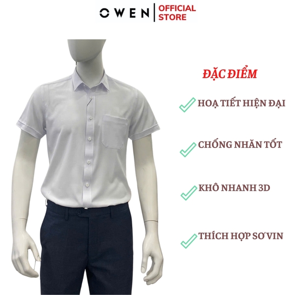 Áo Sơ Mi Nam Tay Ngắn Owen AR250110NT màu trắng họa tiết caro chìm dáng suông regular fit tà lượng có túi Chất liệu Nano