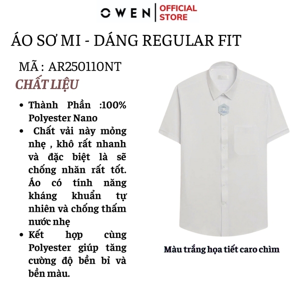 Áo Sơ Mi Nam Tay Ngắn Owen AR250110NT màu trắng họa tiết caro chìm dáng suông regular fit tà lượng có túi Chất liệu Nano