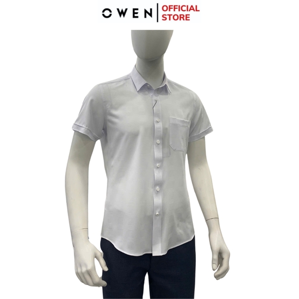 Áo Sơ Mi Nam Tay Ngắn Owen AR250110NT màu trắng họa tiết caro chìm dáng suông regular fit tà lượng có túi Chất liệu Nano
