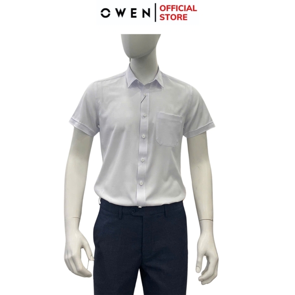Áo Sơ Mi Nam Tay Ngắn Owen AR250110NT màu trắng họa tiết caro chìm dáng suông regular fit tà lượng có túi Chất liệu Nano