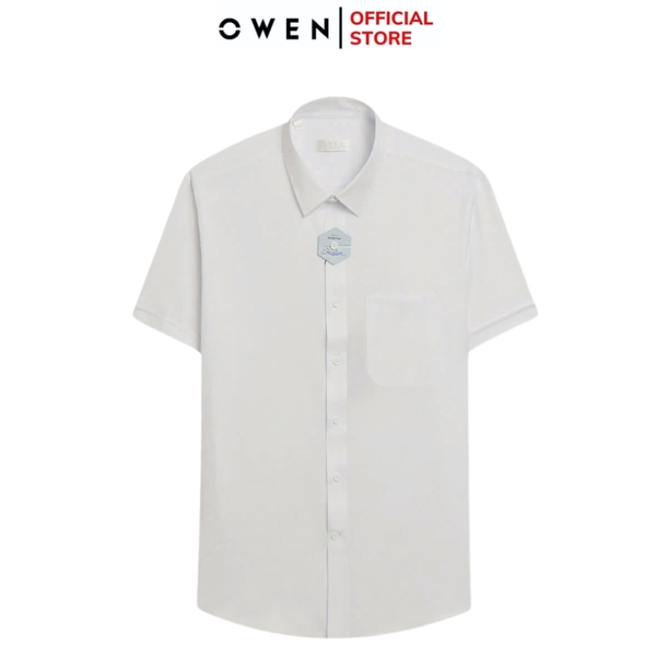 Áo Sơ Mi Nam Tay Ngắn Owen AR250110NT màu trắng họa tiết caro chìm dáng suông regular fit tà lượng có túi Chất liệu Nano