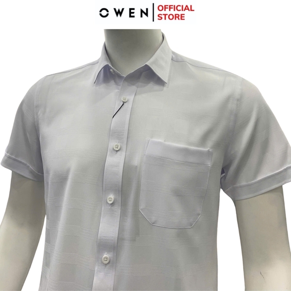Áo Sơ Mi Nam Tay Ngắn Owen AR250110NT màu trắng họa tiết caro chìm dáng suông regular fit tà lượng có túi Chất liệu Nano