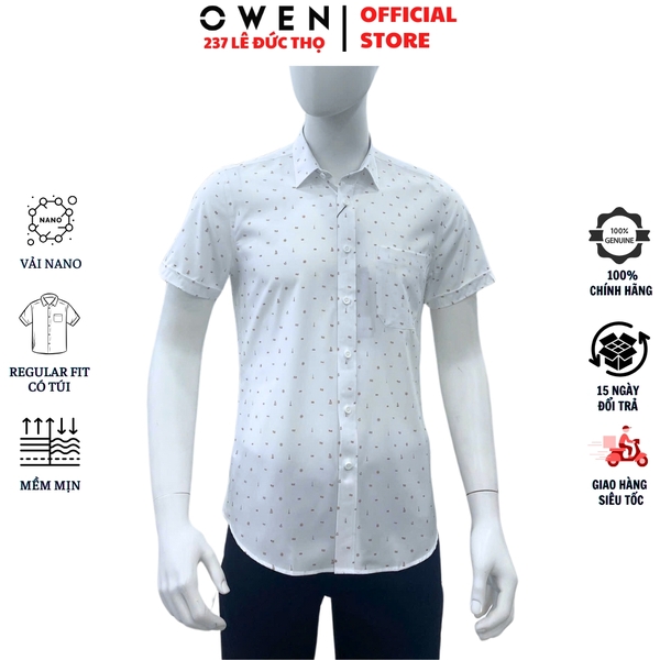 Áo Sơ Mi Nam Tay Ngắn Owen AR250118NT màu trắng in họa tiết cam dáng suông regular fit tà lượn có túi chất liệu nano