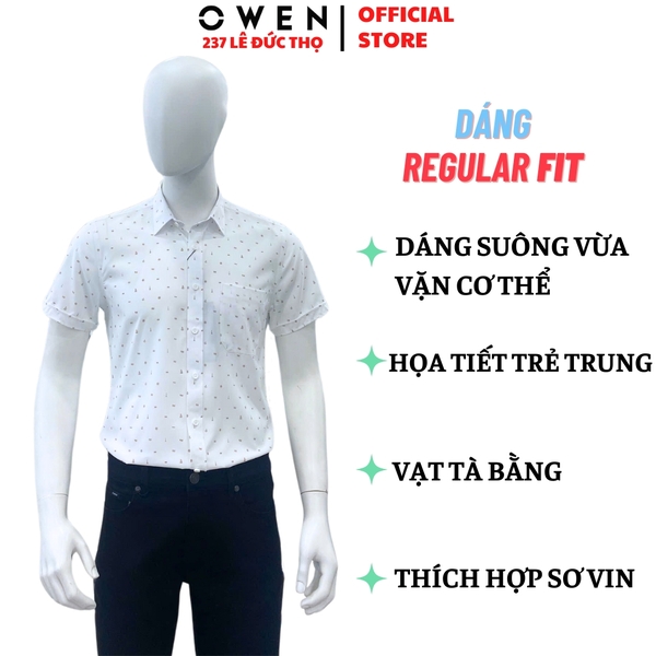 Áo Sơ Mi Nam Tay Ngắn Owen AR250118NT màu trắng in họa tiết cam dáng suông regular fit tà lượn có túi chất liệu nano