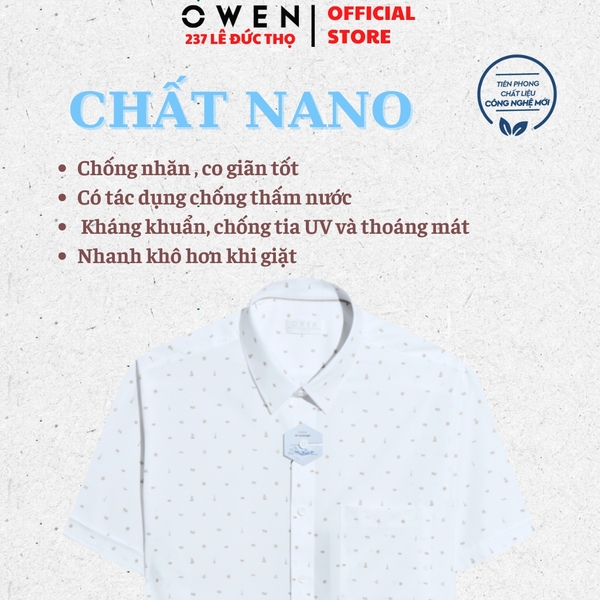 Áo Sơ Mi Nam Tay Ngắn Owen AR250118NT màu trắng in họa tiết cam dáng suông regular fit tà lượn có túi chất liệu nano