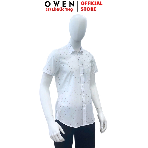 Áo Sơ Mi Nam Tay Ngắn Owen AR250118NT màu trắng in họa tiết cam dáng suông regular fit tà lượn có túi chất liệu nano