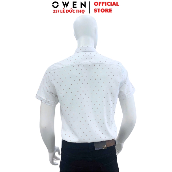 Áo Sơ Mi Nam Tay Ngắn Owen AR250118NT màu trắng in họa tiết cam dáng suông regular fit tà lượn có túi chất liệu nano