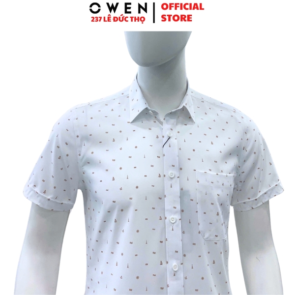 Áo Sơ Mi Nam Tay Ngắn Owen AR250118NT màu trắng in họa tiết cam dáng suông regular fit tà lượn có túi chất liệu nano
