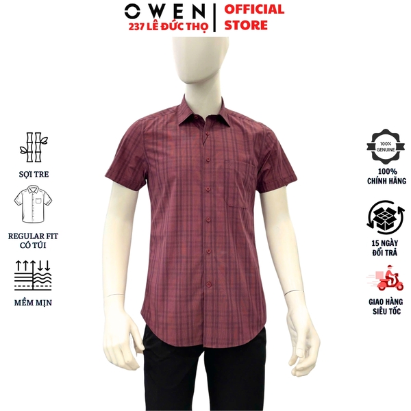Áo sơ mi nam tay ngắn Owen AR263006NT màu đỏ tím kẻ dáng suông regular fit tà lượn có túi chất liệu Bamboo polyester