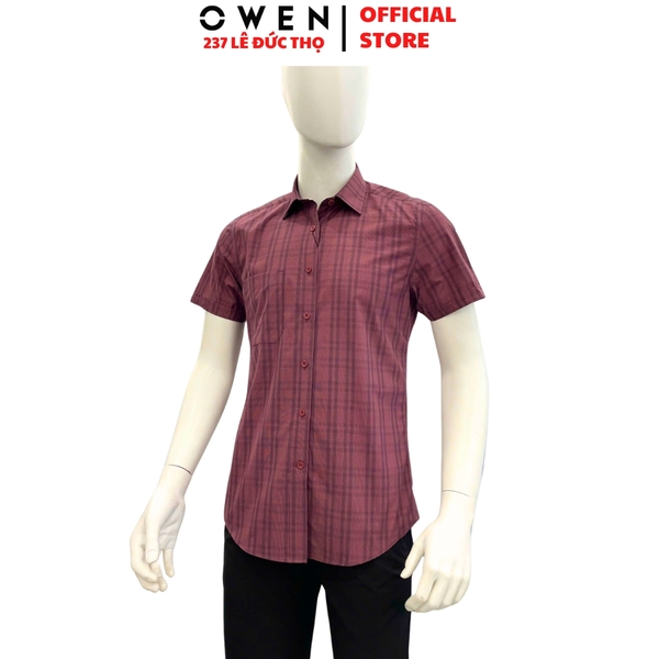Áo sơ mi nam tay ngắn Owen AR263006NT màu đỏ tím kẻ dáng suông regular fit tà lượn có túi chất liệu Bamboo polyester