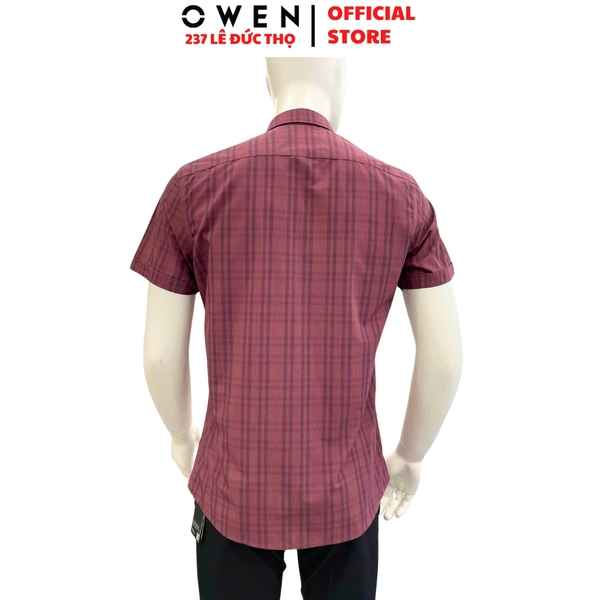 Áo sơ mi nam tay ngắn Owen AR263006NT màu đỏ tím kẻ dáng suông regular fit tà lượn có túi chất liệu Bamboo polyester