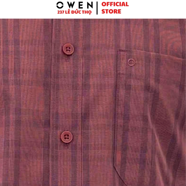 Áo sơ mi nam tay ngắn Owen AR263006NT màu đỏ tím kẻ dáng suông regular fit tà lượn có túi chất liệu Bamboo polyester