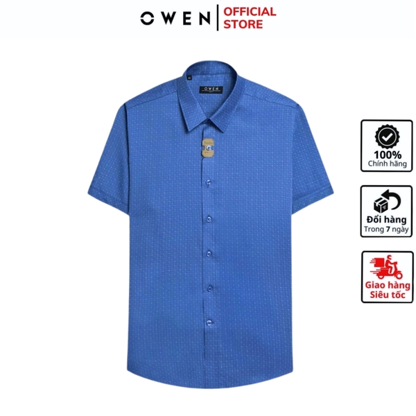 Áo Sơ Mi Nam Tay Ngắn Owen AS250039N màu xanh than caro nhỏ dáng ôm slim fit tà lượn không túi Chất liệu Bambo poly