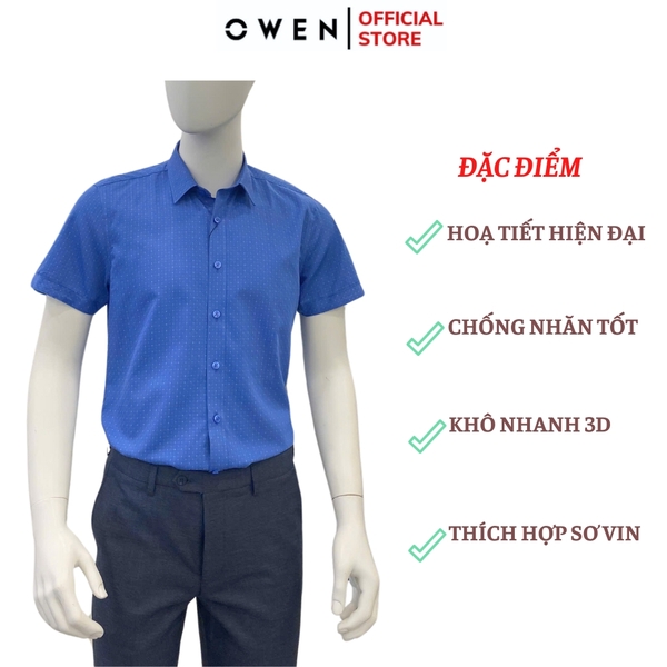 Áo Sơ Mi Nam Tay Ngắn Owen AS250039N màu xanh than caro nhỏ dáng ôm slim fit tà lượn không túi Chất liệu Bambo poly