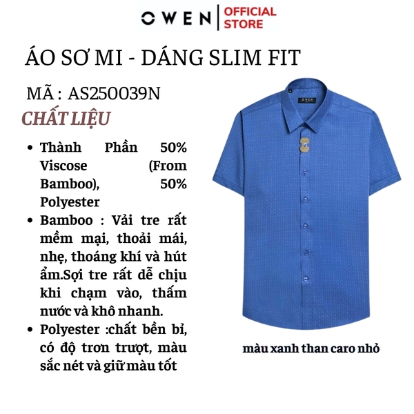 Áo Sơ Mi Nam Tay Ngắn Owen AS250039N màu xanh than caro nhỏ dáng ôm slim fit tà lượn không túi Chất liệu Bambo poly