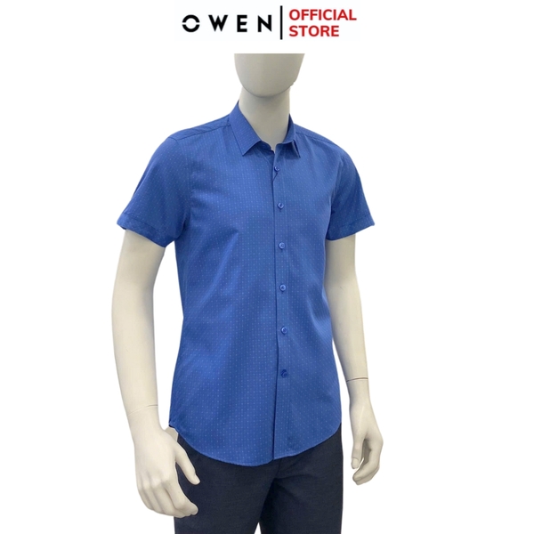 Áo Sơ Mi Nam Tay Ngắn Owen AS250039N màu xanh than caro nhỏ dáng ôm slim fit tà lượn không túi Chất liệu Bambo poly