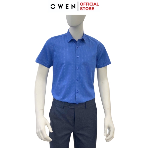 Áo Sơ Mi Nam Tay Ngắn Owen AS250039N màu xanh than caro nhỏ dáng ôm slim fit tà lượn không túi Chất liệu Bambo poly