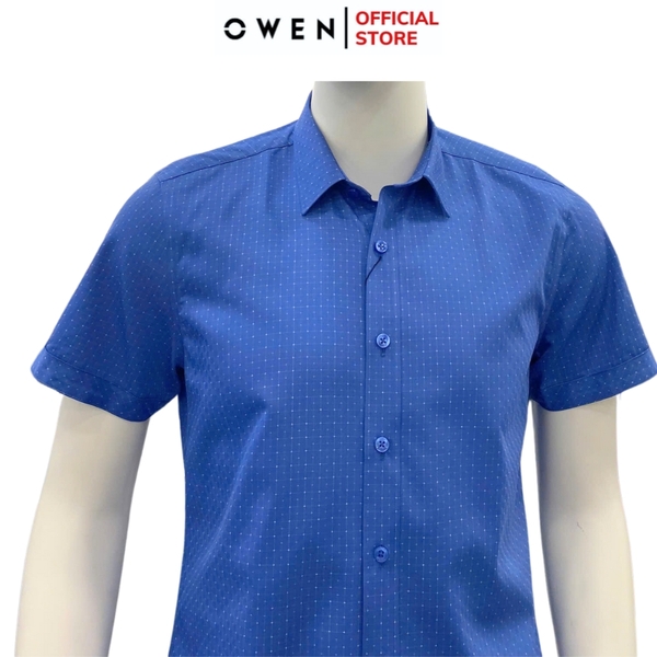 Áo Sơ Mi Nam Tay Ngắn Owen AS250039N màu xanh than caro nhỏ dáng ôm slim fit tà lượn không túi Chất liệu Bambo poly