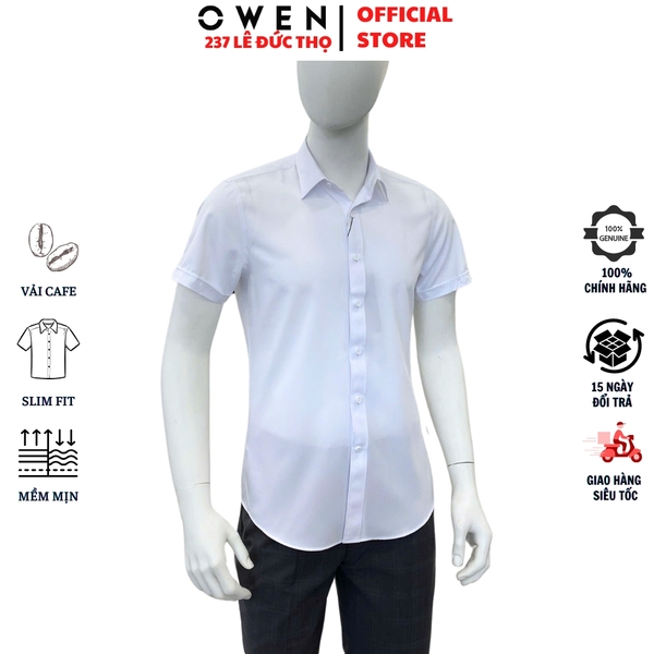 Áo Sơ Mi Trắng Nam Tay Ngắn Owen AS250314N màu trắng trơn dáng ôm slim fit tà lượn không túi chất liệu cafe