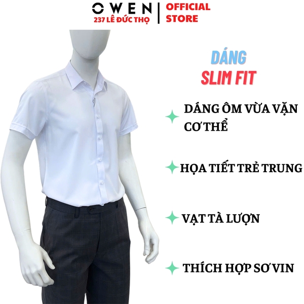 Áo Sơ Mi Trắng Nam Tay Ngắn Owen AS250314N màu trắng trơn dáng ôm slim fit tà lượn không túi chất liệu cafe