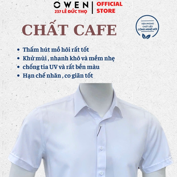 Áo Sơ Mi Trắng Nam Tay Ngắn Owen AS250314N màu trắng trơn dáng ôm slim fit tà lượn không túi chất liệu cafe