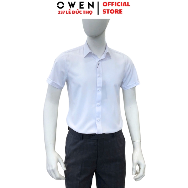 Áo Sơ Mi Trắng Nam Tay Ngắn Owen AS250314N màu trắng trơn dáng ôm slim fit tà lượn không túi chất liệu cafe