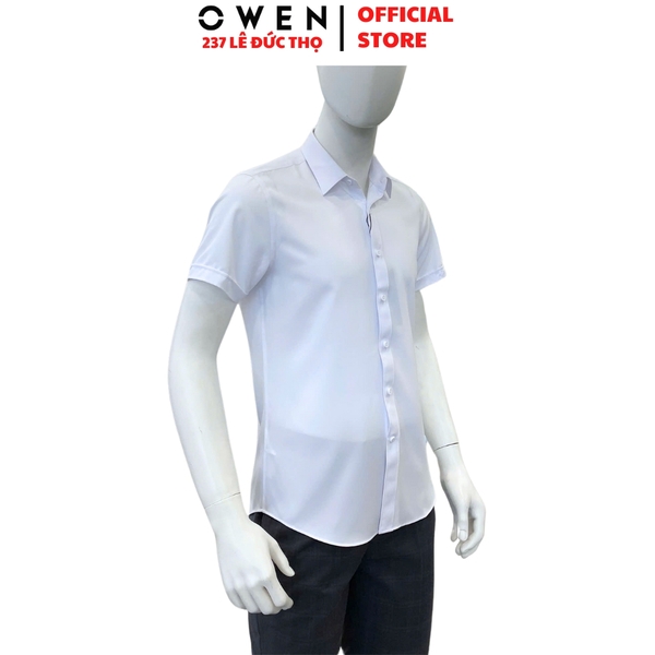 Áo Sơ Mi Trắng Nam Tay Ngắn Owen AS250314N màu trắng trơn dáng ôm slim fit tà lượn không túi chất liệu cafe