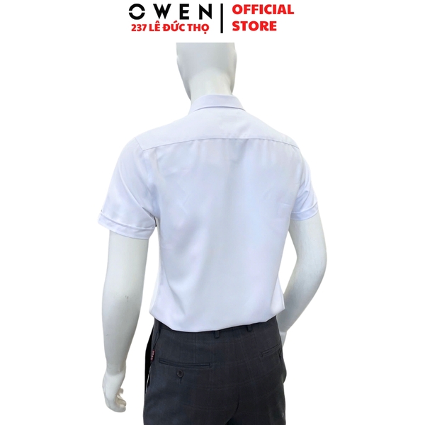 Áo Sơ Mi Trắng Nam Tay Ngắn Owen AS250314N màu trắng trơn dáng ôm slim fit tà lượn không túi chất liệu cafe