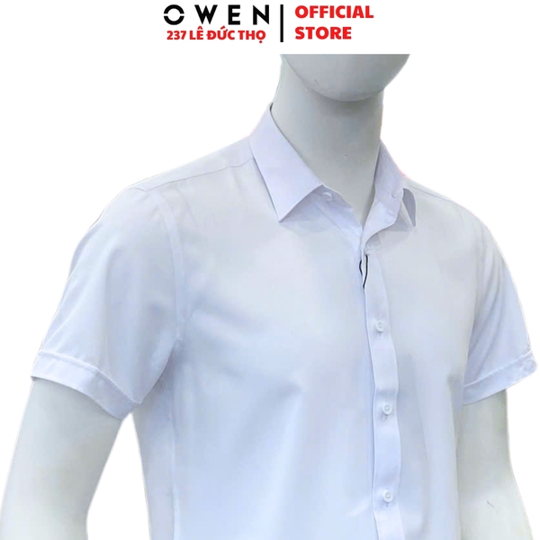 Áo Sơ Mi Trắng Nam Tay Ngắn Owen AS250314N màu trắng trơn dáng ôm slim fit tà lượn không túi chất liệu cafe